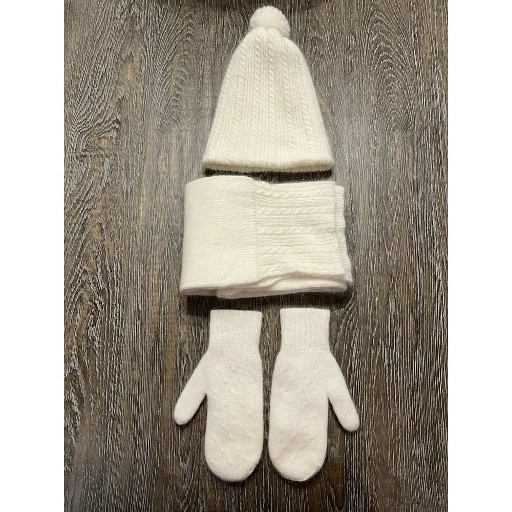 NWOT‎ Girls Wool Angora Cable Knit Scarf, Hat & Mittens Set Made In Europe
